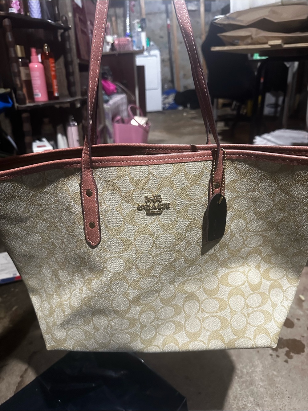 Coach Signature Canvas Tote in Beige with Pink Trim